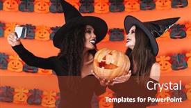  Presentation with black women - PPT theme having image of beautiful witch women in black halloween costume taking selfie photo on cellphone with pumpkin isolated over orange wall background and a tawny brown colored foreground