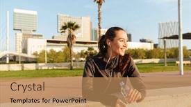  Presentation with asian music - Presentation consisting of image of beautiful young asian sports woman listening music with earphones drinking water outdoors background and a coral colored foreground