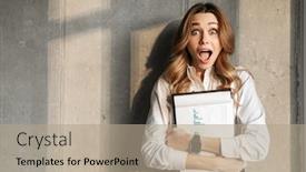  Presentation with formal - Slide set with image of beautiful young business woman dressed in formal clothes shirt indoors holding documents background and a coral colored foreground