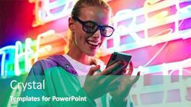  Presentation with 80s era neon lights sign - PPT theme with image-of-beautiful-young-caucasian background and a teal colored foreground