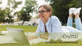  Presentation with writing notes - Colorful PPT layouts enhanced with image of beautiful young pretty woman in park outdoors using laptop computer writing notes backdrop and a yellow colored foreground