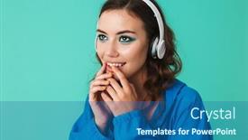  Presentation with blue music - Beautiful presentation design featuring image of beautiful young woman 20s wearing raincoat or jacket listening to music via wireless headphones isolated over blue background backdrop and a ocean colored foreground