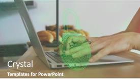  Presentation with global laptop - Presentation featuring image-of-biometric-fingerprint-padlock background and a coral colored foreground