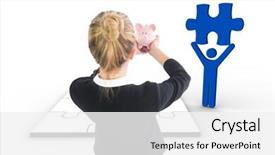  Presentation with piggy bank - Theme with image of blonde businesswoman holding background and a  colored foreground