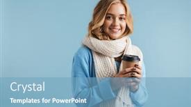 Presentation with takeaway coffee - Cool new PPT layouts with image of blonde woman 20s wrapped in scarf smiling and holding takeaway coffee isolated over blue background backdrop and a teal colored foreground