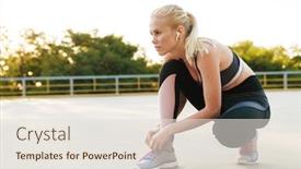  Presentation with image recognition for - Amazing presentation design having image of blonde woman wearing tracksuit and earpods tying her sneakers laces during workout outdoors backdrop and a sky blue colored foreground