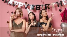  Presentation with pink birthday - Beautiful slide set featuring image of bored party girls in festive dresses drinking champagne while celebrating birthday isolated over pink background backdrop and a tawny brown colored foreground