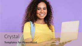  Presentation with african violet - Audience pleasing PPT theme consisting of image of brunette african american student girl with curly hair holding laptop computer isolated over violet background backdrop and a yellow colored foreground
