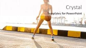  Presentation with sea port - Cool new PPT layouts with image of brunette asian woman in sportive clothes playing basketball against sea port backdrop and a white colored foreground
