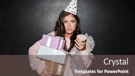  Presentation with black bear - Beautiful slide set featuring image of brunette confused woman in party cone holding gift boxes and teddy bear while eating donut isolated over black wall backdrop and a dark gray colored foreground