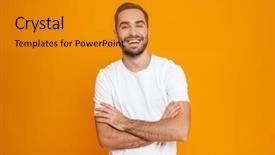  Presentation with vernier caliper bearing isolated - Audience pleasing PPT layouts consisting of image of brunette man 30s backdrop and a gold colored foreground