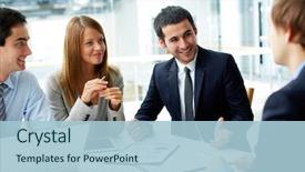  Presentation with partners - PPT layouts with image of business partners discussing background and a light blue colored foreground