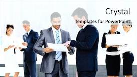  Presentation with partners - Presentation with image of business partners discussing background and a  colored foreground