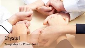  Presentation with support - Presentation theme enhanced with image of business people hands background and a coral colored foreground