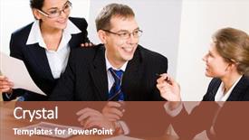  Presentation with discussion - Audience pleasing slide set consisting of image of business people looking at woman during discussion backdrop and a red colored foreground