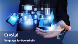  Presentation with older person holding pills - Cool new slide deck with image of business person holding backdrop and a navy blue colored foreground