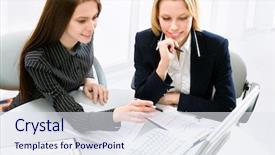 Presentation with women meeting - Beautiful PPT theme featuring image of business women working backdrop and a sky blue colored foreground