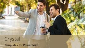  Presentation with green coffee - Presentation theme with image of businesslike guys in suits using smartphone while walking outdoor through green park with takeaway coffee during sunny day background and a coral colored foreground
