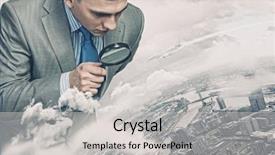  Presentation with rock paintings magnifier - Presentation theme consisting of image of businessman examining objects background and a light gray colored foreground