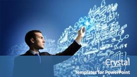  Presentation with innovations - Amazing theme having image of businessman pressing icon of media screen innovations backdrop and a teal colored foreground