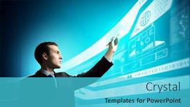  Presentation with innovations - PPT theme having image of businessman pressing icon of media screen innovations background and a cyan colored foreground