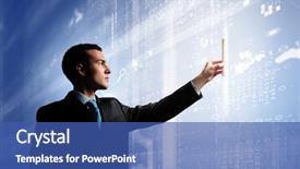  Presentation with innovations - Presentation theme having image-of-businessman-pressing-icon background and a ocean colored foreground