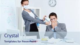  Presentation with sneezing - Colorful slide deck enhanced with image of businessman sneezing while his partner in mask offering him to put on one in office backdrop and a sky blue colored foreground