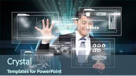  Presentation with generated image fractal geometry chaos - Colorful slide set enhanced with image of businessman touching futuristic backdrop and a ocean colored foreground