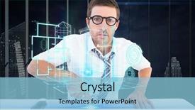 Presentation with digital project - PPT theme having image of businessman touchng futuristic background and a light blue colored foreground