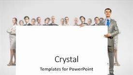  Presentation with crowd - Theme having image of businessman with blank banner standing against crowd of business people background and a white colored foreground