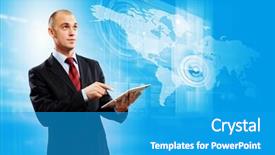  Presentation with media image - Theme having image of businessman with tablet pc against media background background and a teal colored foreground