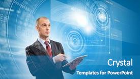  Presentation with media image - Slide set with image of businessman with tablet pc against media background background and a teal colored foreground