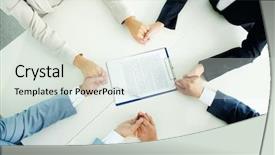  Presentation with helping hand - Cool new PPT theme with image of businesspeople hands backdrop and a  colored foreground