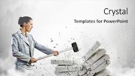  Presentation with breaking promises - Slide set having image of businesswoman breaking bricks background and a white colored foreground