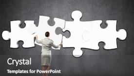  Presentation with connecting - Cool new PPT layouts with image of businesswoman connecting elements of white puzzle backdrop and a dark gray colored foreground