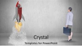  Presentation with rocket launch - Cool new theme with image of businesswoman holding briefcase backdrop and a  colored foreground