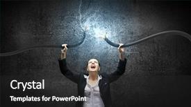  Presentation with electrical cable - Slide set consisting of image of businesswoman holding electrical cable above head background and a dark gray colored foreground