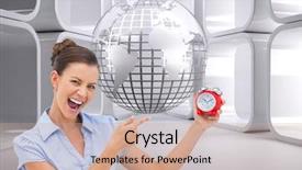  Presentation with public alarm - Presentation theme featuring image of businesswoman indicating alarm background and a coral colored foreground