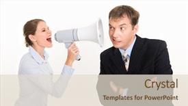  Presentation with voice - Presentation theme having image of businesswoman screaming by megaphone and businessman listening to her voice background and a lemonade colored foreground