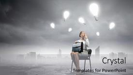  Presentation with suitcase - Colorful presentation theme enhanced with image of businesswoman sitting on chair with suitcase in hands backdrop and a light gray colored foreground