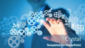  Presentation with mechanism - PPT theme enhanced with image of businesswoman touching gear elements mechanism concept background and a ocean colored foreground