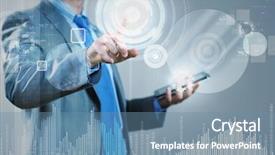  Presentation with finger - PPT theme consisting of image of businesswoman touching screen background and a seafoam green colored foreground