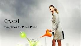  Presentation with money tree - Slide set with image of businesswoman watering money background and a light gray colored foreground