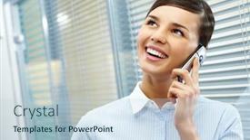  Presentation with busy work - Amazing slides having image of busy businesswoman calling by mobile during her work backdrop and a lemonade colored foreground