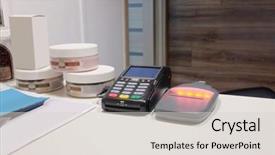  Presentation with machines - Theme having image of cash machines background and a light gray colored foreground