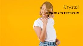  Presentation with basic - Presentation theme with image of caucasian blond woman in basic t-shirt smiling and pointing finger at copyspace isolated over yellow background background and a gold colored foreground
