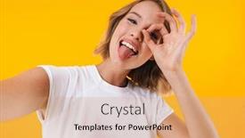  Presentation with basic - Theme having image of caucasian blond woman in basic t-shirt showing ok sign and taking selfie photo isolated over yellow background background and a coral colored foreground
