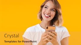  Presentation with basic - Beautiful PPT layouts featuring image of caucasian blond woman in basic t-shirt looking upward and holding cellphone isolated over yellow background backdrop and a yellow colored foreground