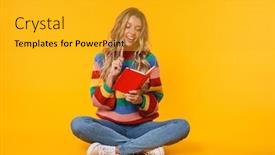  Presentation with diary - Cool new PPT theme with image-of-caucasian-blonde-woman backdrop and a gold colored foreground