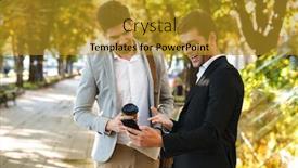  Presentation with green coffee - Presentation theme enhanced with image of caucasian businessmen in suits using smartphone while walking outdoor through green park with takeaway coffee during sunny day background and a gold colored foreground